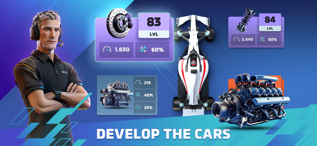 Team manager screen for upgrading racing car parts with performance stats