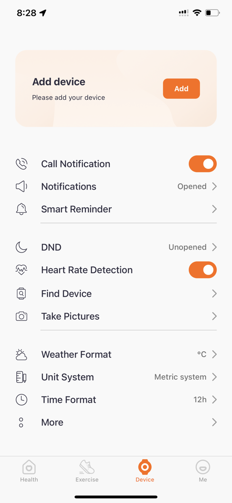 QWatch Pro - QWatch Pro app device management screen with options for notifications and heart rate detection