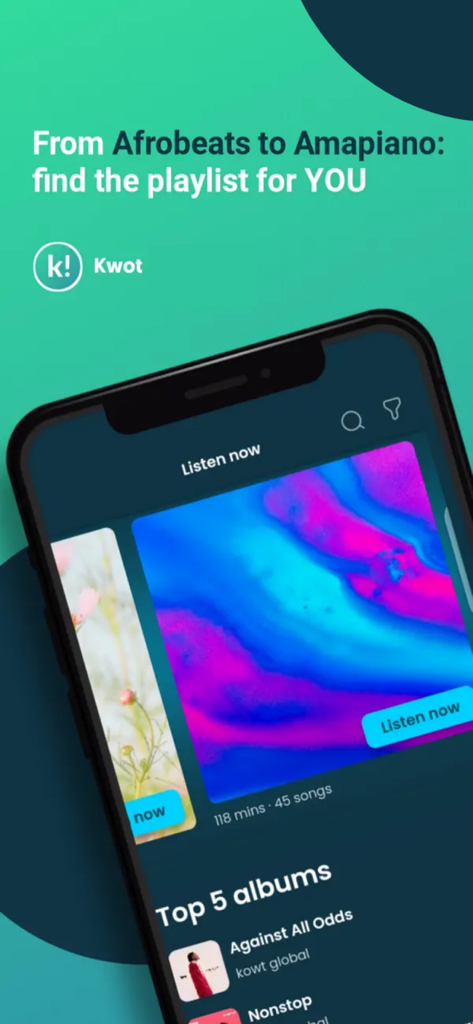 Kwot! - Video, Music & Podcast - Kwot app interface displaying Afrobeats and Amapiano music playlists