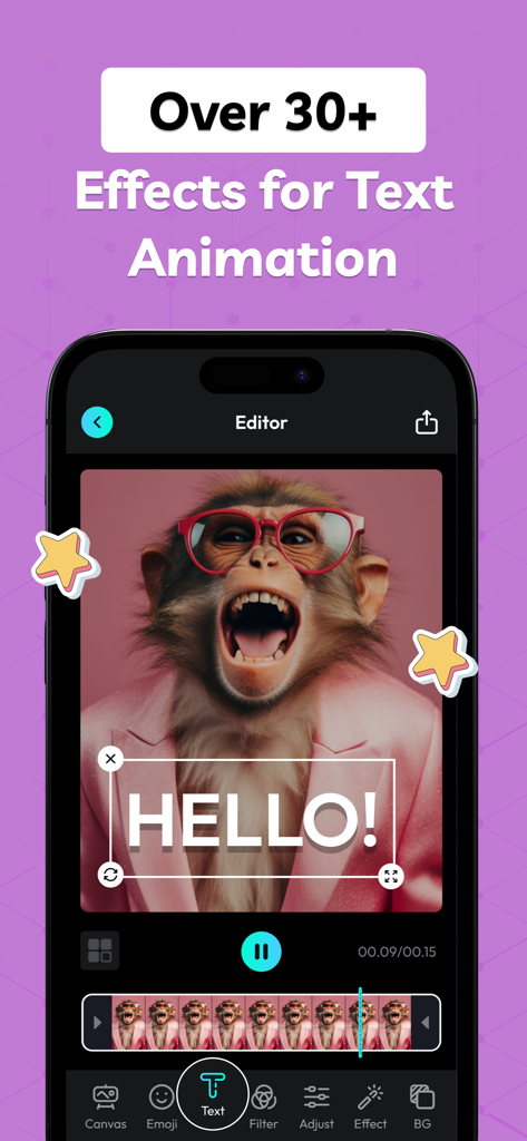 AI GIF Maker : Photo to GIF - Interfaz de editor de aplicación móvil que muestra un GIF de un mono con una superposición de texto HOLA y opciones de animación