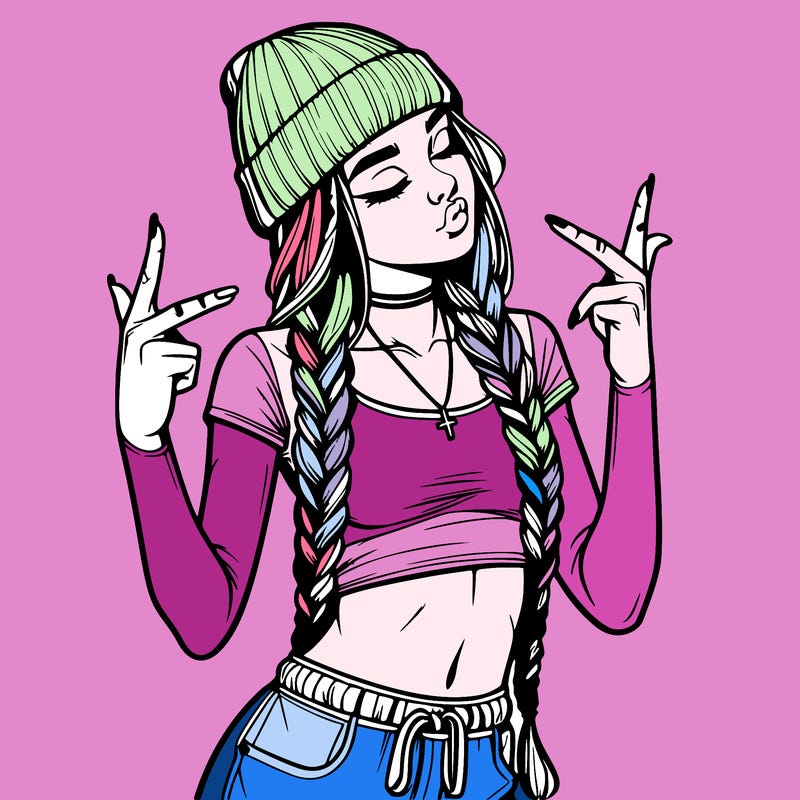 realistic teenage girl with braids and a beanie and crop top doing 🫶🏼
