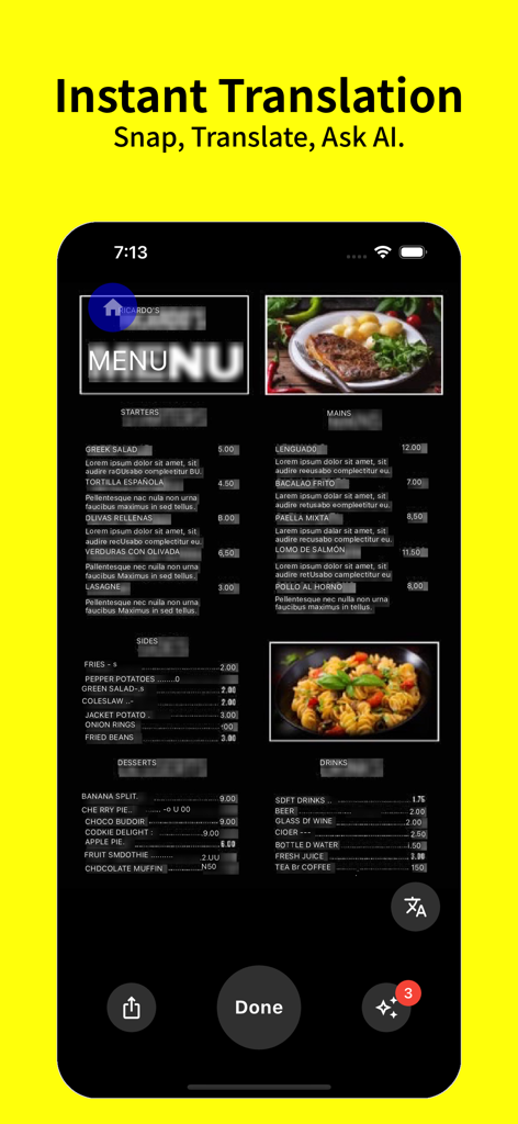 Un menú de restaurante siendo traducido instantáneamente en un smartphone usando la aplicación Traductor de Fotos