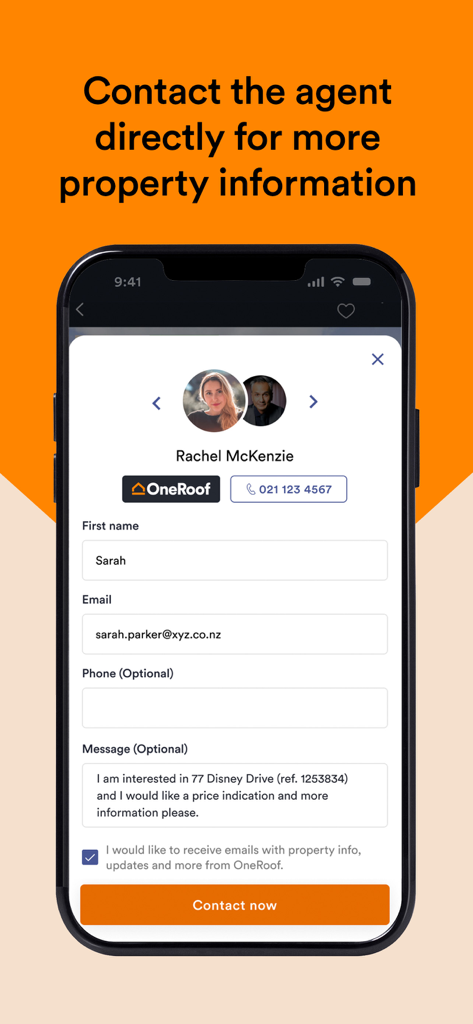 OneRoof app screen showing a contact form to message a real estate agent about a property listing.