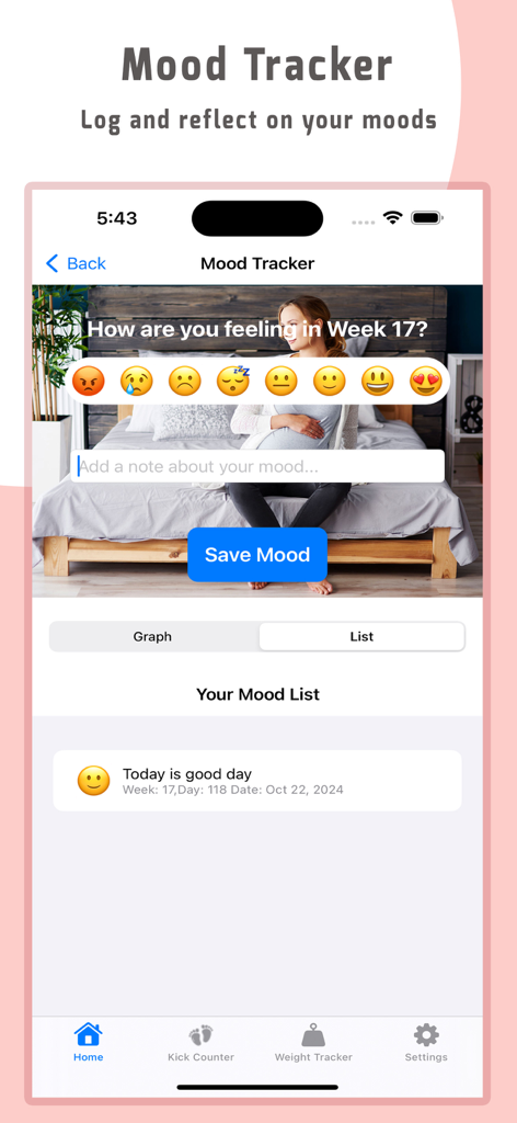 DueDate:Pregnancy week by week - Interfaz del rastreador de estado de ánimo en la aplicación DueDate con selección de emojis y registros para seguir el bienestar emocional durante la semana 17 del embarazo