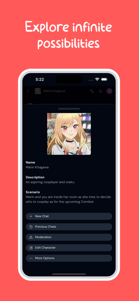 Interface of the Sakura AI app showing an anime character profile and chat options.