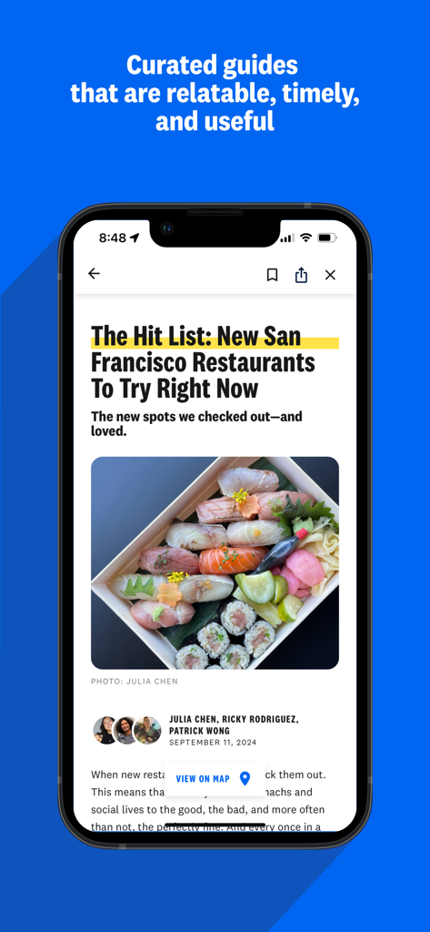 The Infatuation - Smartphone screen showing The Infatuation app with a curated guide for new San Francisco restaurants and a photo of sushi.
