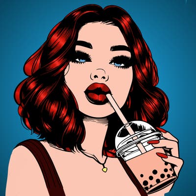 realistic girl with glossy lips holding boba