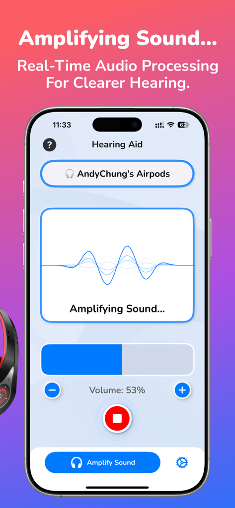 Smartphone interface of a hearing aid app with real time sound amplification and volume control.