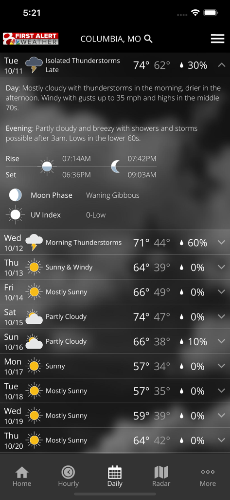 KOMU 8 Weather app interface showing a detailed daily weather forecast for Columbia Missouri with 10-day outlook and astronomical data.