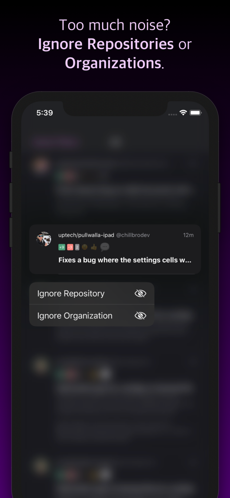 Pullwalla for Bitbucket GitHub - Pullwalla app interface showing options to ignore repositories or organizations to reduce noise and distractions.