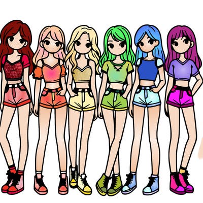 a group of girls wearing crop tops and shorts