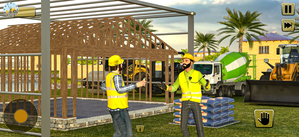 Construction City Simulator 3D - 重機がある現場で、建設作業員が家の骨組みを建てている