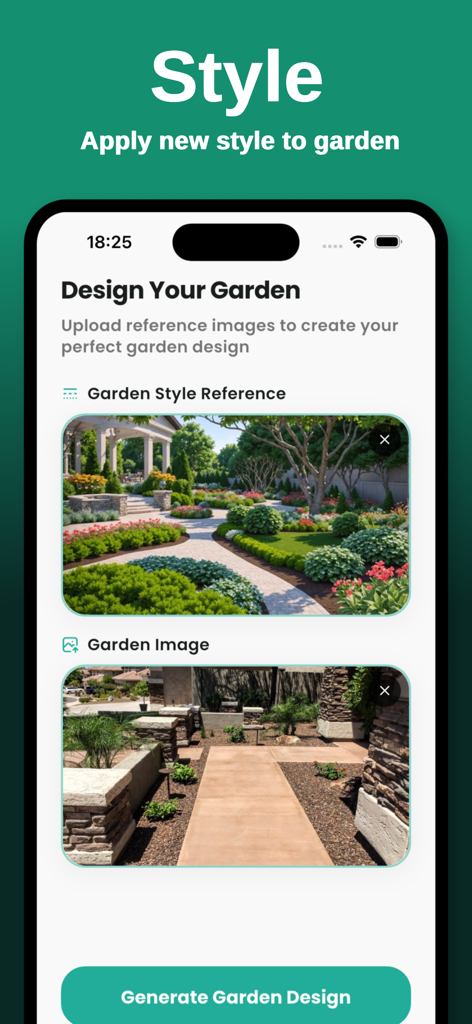 App interface showing how to apply a garden style reference to a backyard photo using AI.