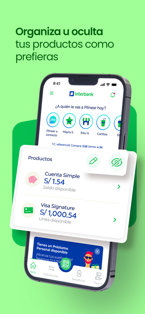 Interbank mobile banking screen for organizing and hiding account balances.
