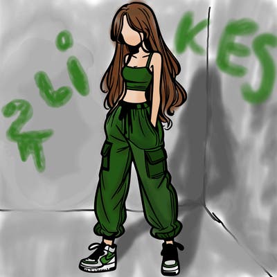 girl in baggy pants crop top and long hair