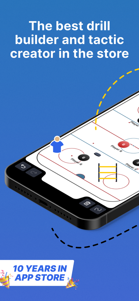 Coach Tactic Board: Hockey - A digital hockey tactic board app on a smartphone showing an ice rink for planning drills and team strategies.