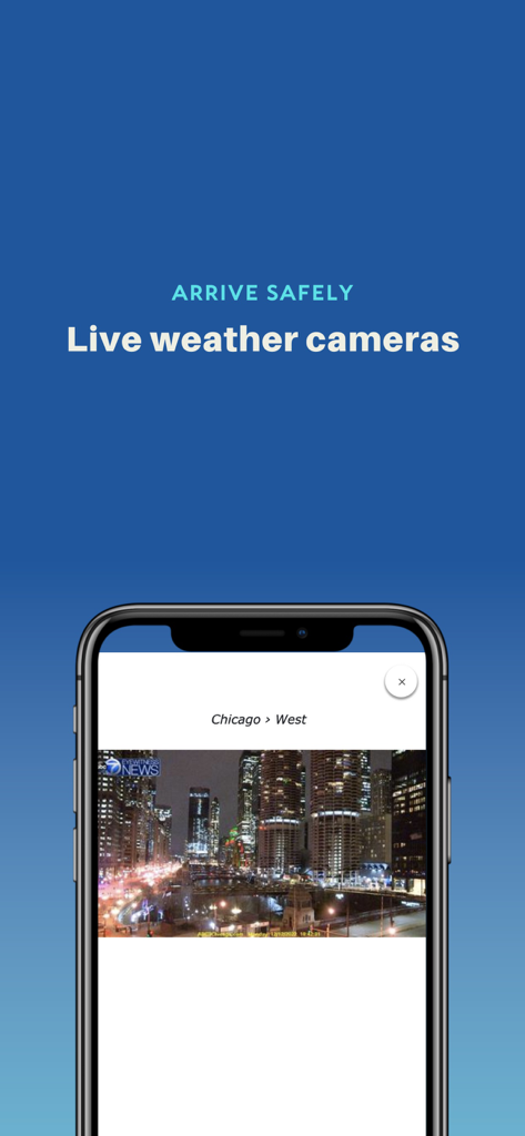 Highway Weather - A smartphone showing a live weather camera feed of Chicago at night within the Highway Weather app.