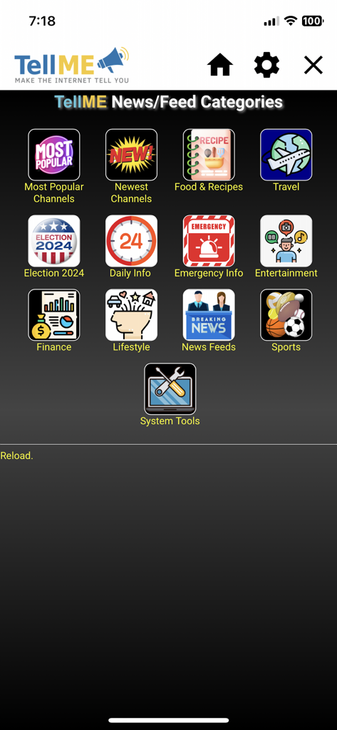 TellME - Curated News Reader - A menu of various news feed categories in the TellME app including Finance, Lifestyle, and Sports.