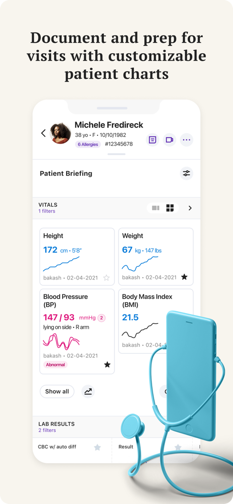 athenaOne mobile app interface showing a customizable patient chart with height weight and blood pressure graphs