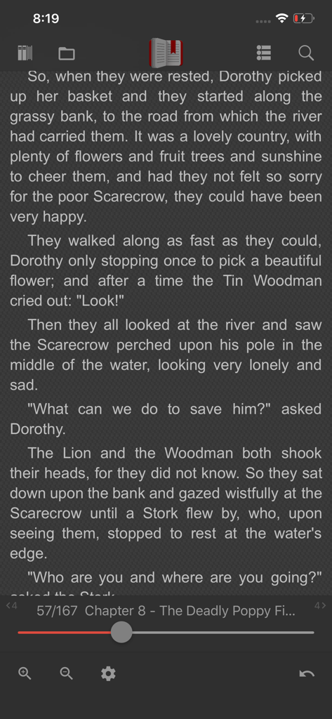 FBReader mobile app displaying a book page in dark mode with navigation and setting controls