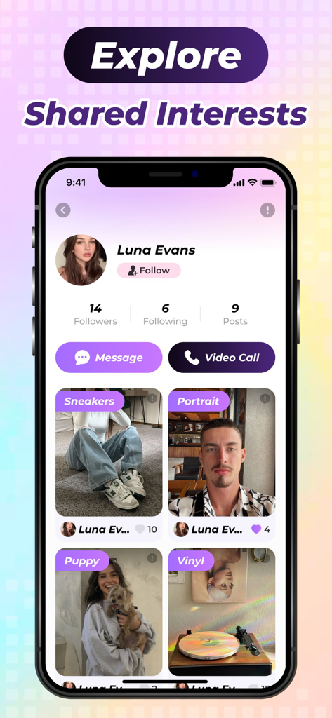 Nina app interface displaying a user profile with shared interests and options for message or video call