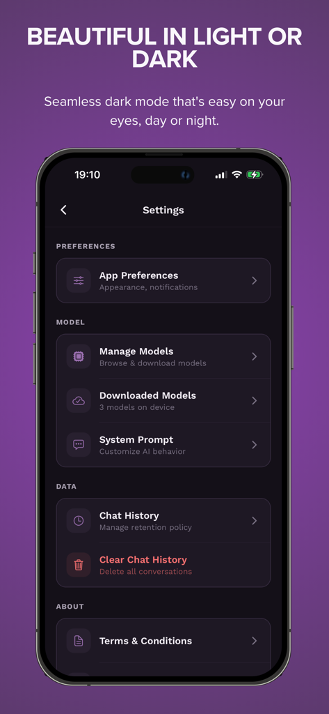 KernelAI - KernelAI settings interface in dark mode featuring model management and privacy controls