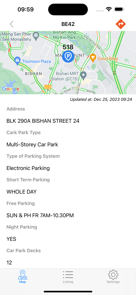 Detailed car park information and map view for a location in Singapore