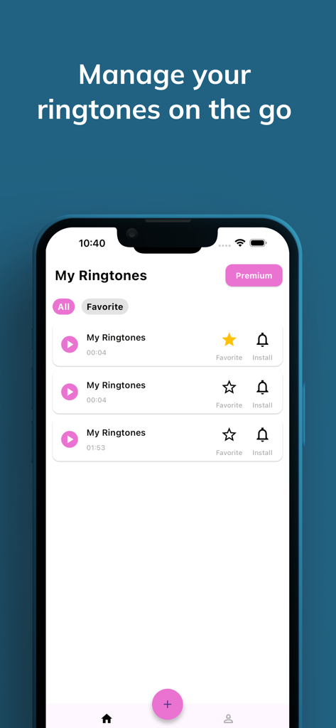 Smartphone screen displaying the My Ringtones section of Clip Tone app with a list of custom audio tracks