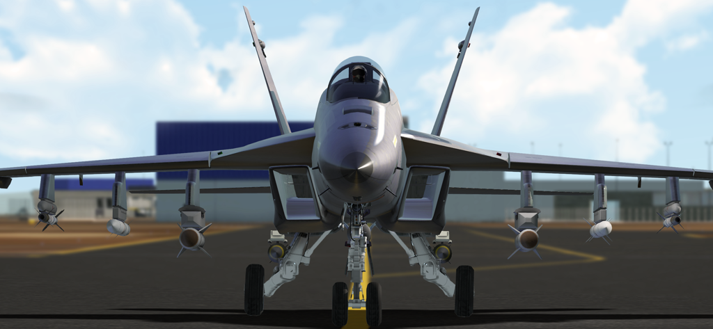 RCS - Real Combat Simulator - Vista frontal de un caza FA18 Super Hornet en una pista en Real Combat Simulator