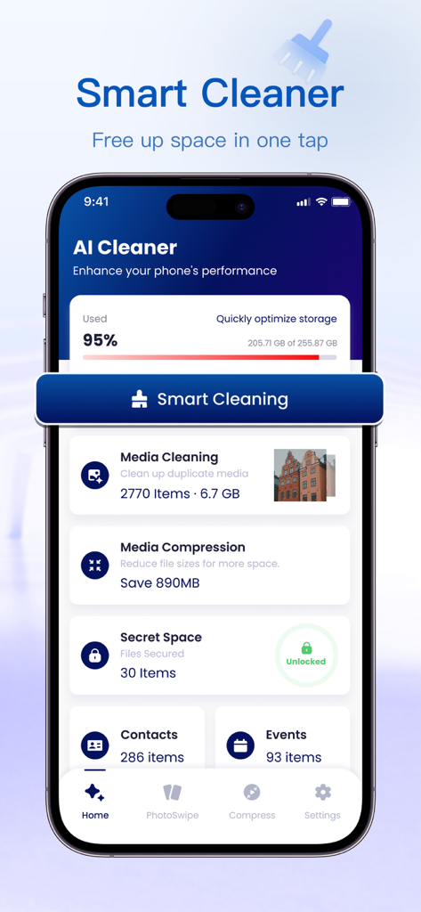 Now Cleaner: AI Photo Cleaner - Panel de la aplicación Now Cleaner en iPhone mostrando el uso del almacenamiento y las funciones de limpieza inteligente.