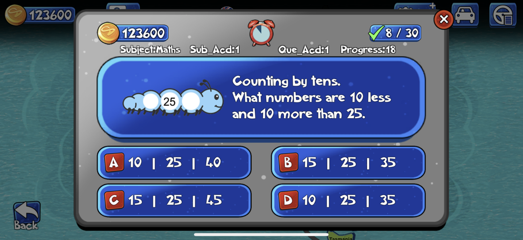Une question de quiz de mathématiques dans l'application éducative World Wise demandant d'identifier les nombres 10 de moins et 10 de plus que 25 avec des options à choix multiples.