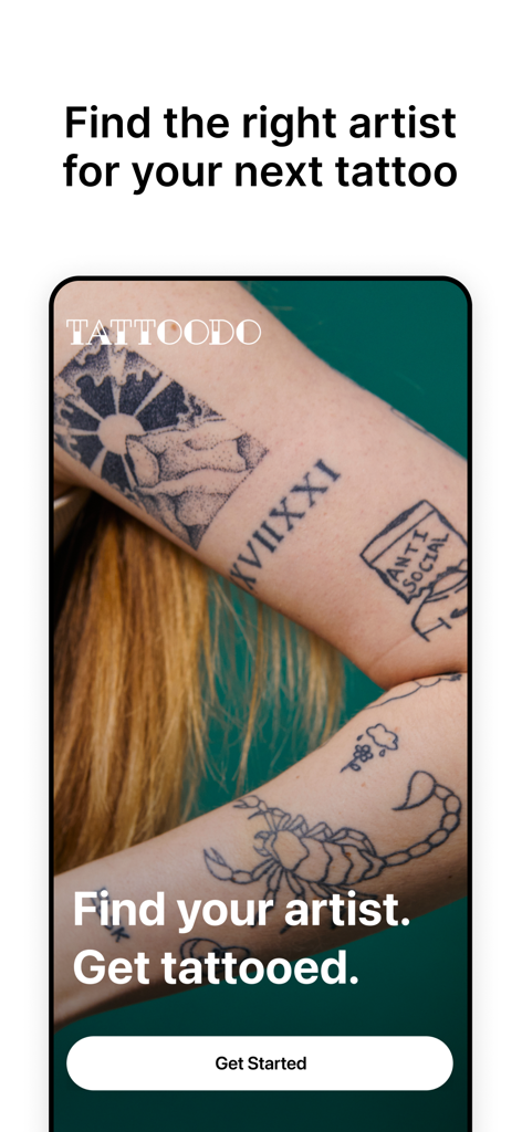 Tattoodo app landing screen showing tattooed arms and a call to action to find an artist and get tattooed.