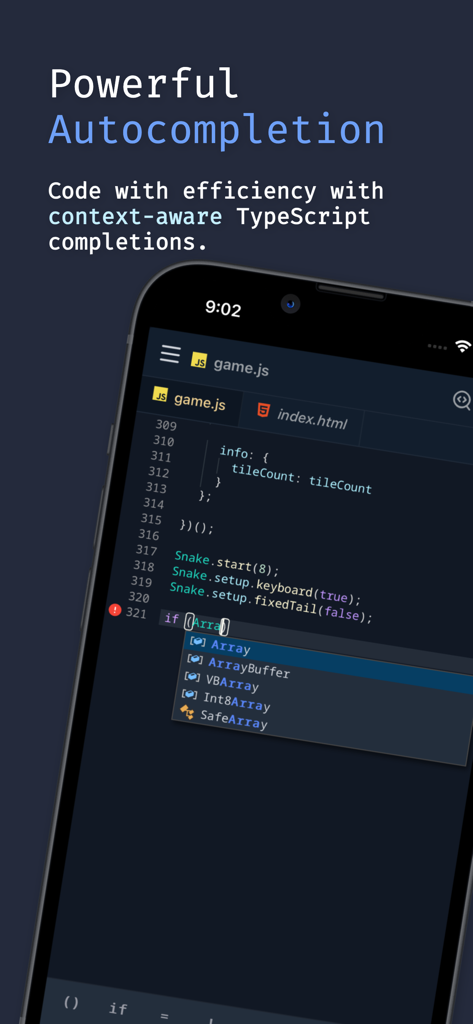 Spck Editor mobile code editor showing context aware TypeScript autocompletion