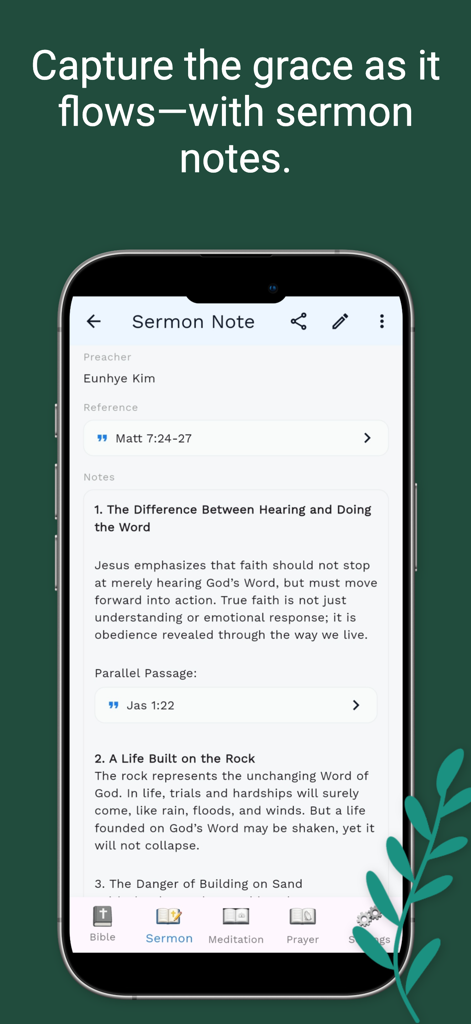 Bible Note - Sermon & Prayer - Interfaz de notas de sermón en la aplicación Biblia Nota que muestra notas de estudio para Mateo 7 con detalles del predicador y referencias de versículos