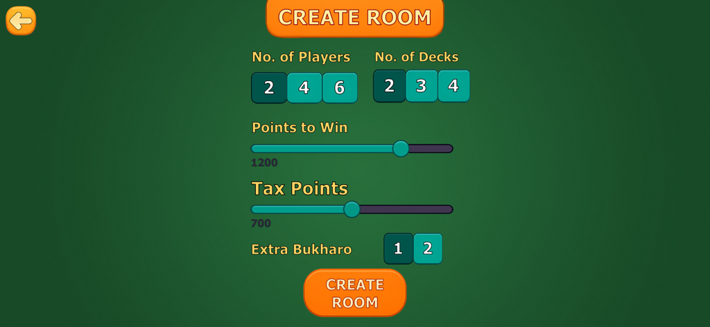 Bukharo - The create room screen in the Bukharo mobile app showing game settings for players decks and point thresholds