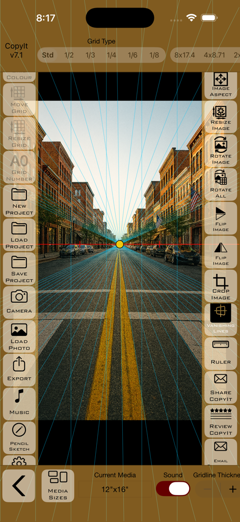 CopyIt The Grid Drawing Method - Interfaz de la aplicación CopyIt que muestra líneas de fuga de perspectiva sobre una fotografía callejera para un dibujo preciso