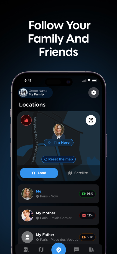 Interface do aplicativo Locary mostrando rastreamento de localização em tempo real e níveis de bateria dos membros da família