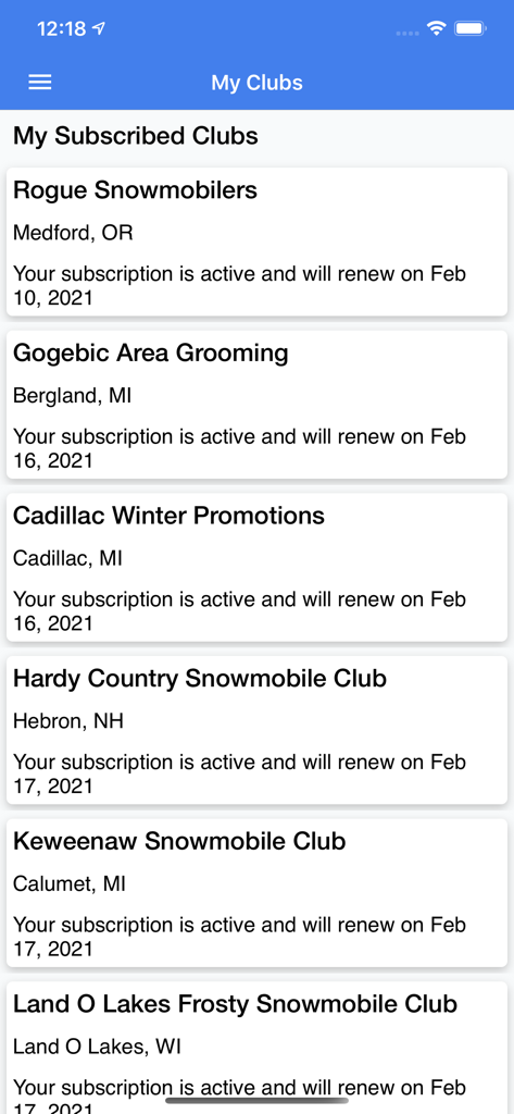 Une liste des abonnements actifs aux clubs de motoneige et des dates de renouvellement dans l'application mobile GroomerTracker.