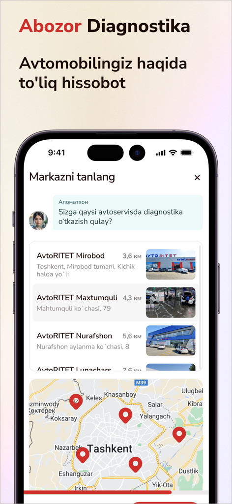Abozor - Abozorアプリのインターフェース。タシケントの地図上に車のサービスセンターの場所を表示しています。
