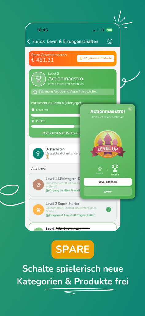 MarkenDetektive App zeigt eine Level-Up-Errungenschaft und einen Gesamtkontostand für Ersparnisse