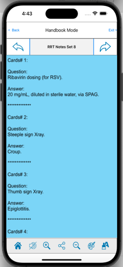 Pantalla de la aplicación móvil que muestra notas de estudio del examen RRT en modo de manual con preguntas y respuestas clínicas sobre un fondo azul.