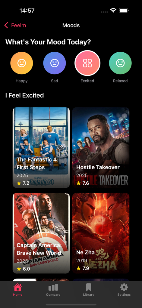 Dodo: Webview Movies By Moods - Interface of the Dodo app showing movie recommendations based on an excited mood selection