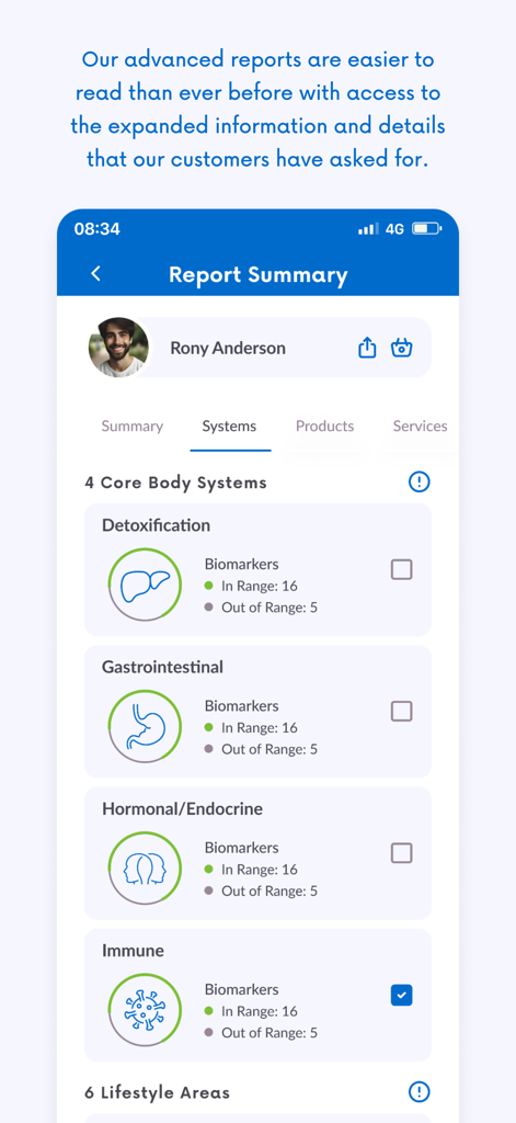 Visera Link app screenshot showing a wellness report summary with biomarker data for core body systems like detoxification and immune health