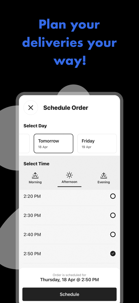Qargo: Request a Delivery - Mobile app screen for scheduling a courier delivery showing date and time selection options