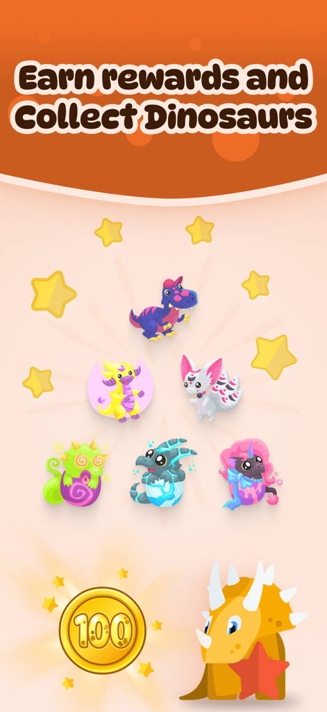 Dinolingo app screen showing colorful collectible dinosaurs and reward coins for language learning progress