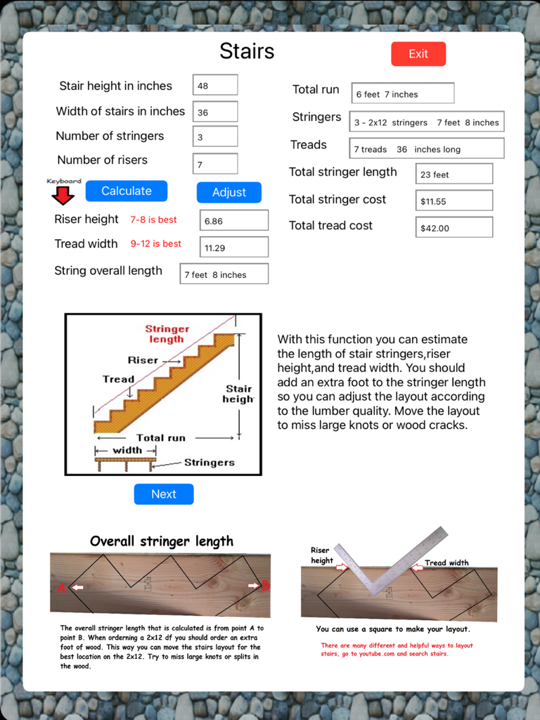 Estimate HD - Stair calculation screen in the Estimate HD app showing measurements for risers treads and stringers with cost estimation