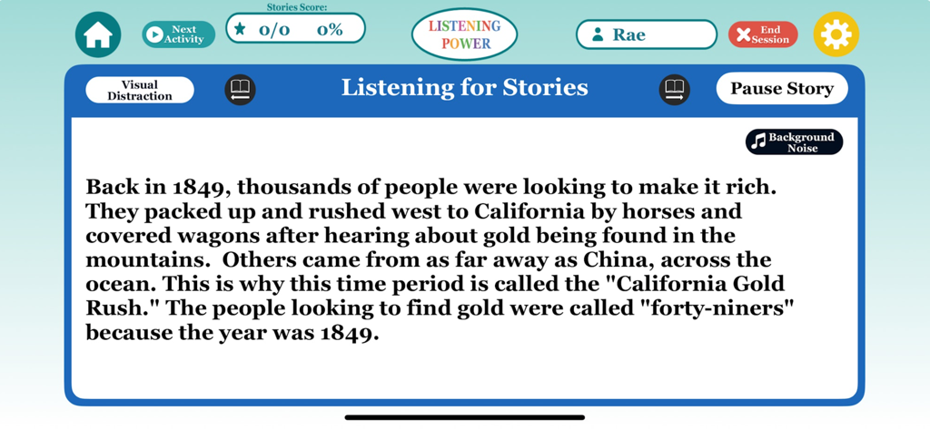 Listening Power Advanced app interface displaying a narrative text about the California Gold Rush with options for background noise and visual distraction