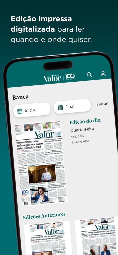 Valor Economico app newsstand showing digital editions of the printed newspaper