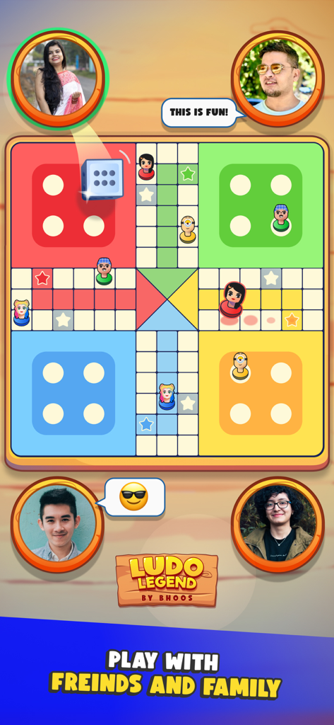 Ludo Legend by Bhoos - Una colorida interfaz digital de juego de mesa Ludo que muestra a cuatro jugadores en una partida multijugador