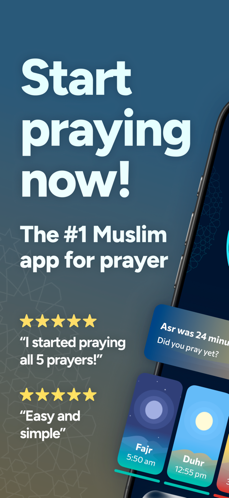 Just Pray: Track Muslim Prayer - Tela de introdução do aplicativo Just Pray destacando recursos de rastreamento de oração e depoimentos de usuários